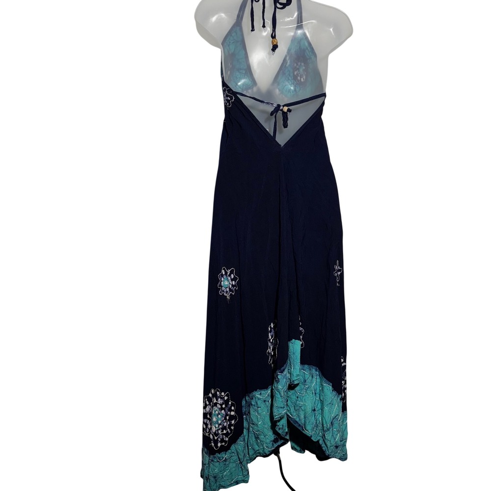 Batik Halter Maxi Dress Navy Turquoise Boho Embroidered Rayon Open Back One size - Picture 4 of 10